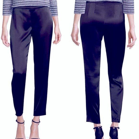 St. John Caviar Emma Pants Black Silk/Satin Like High Waist Slim Straight Leg 8